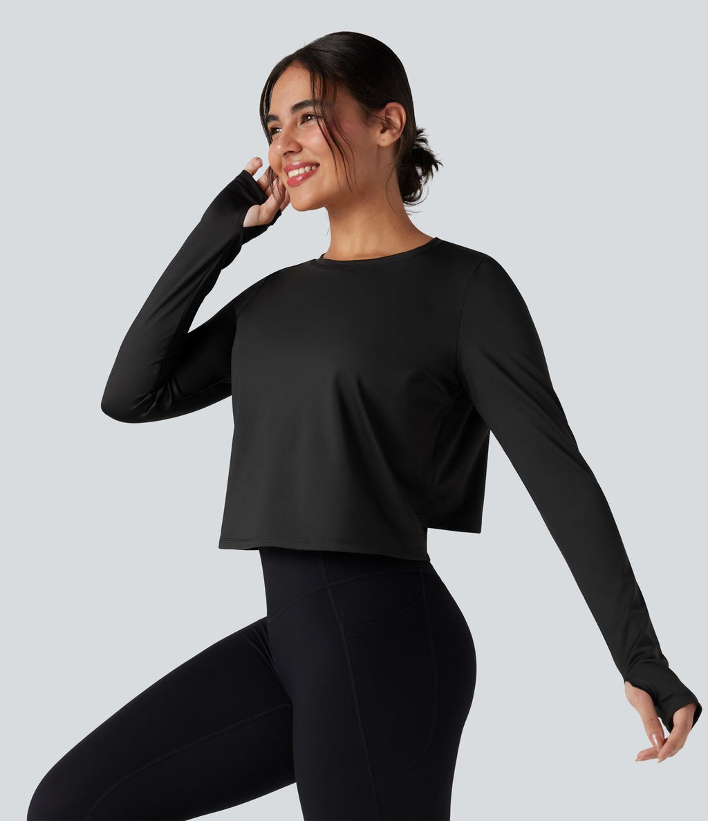 Top de sport yoga col rond manches longues mesh contrastant à découpes liens dans le dos avec trous pouces