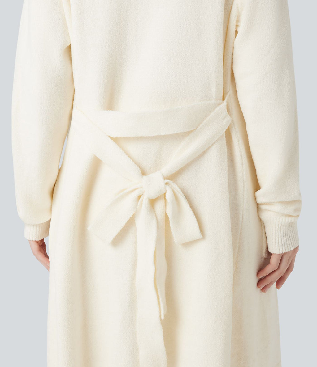 Robe d'intérieur longue tricot ouverte ceinturée manches longues avec poches