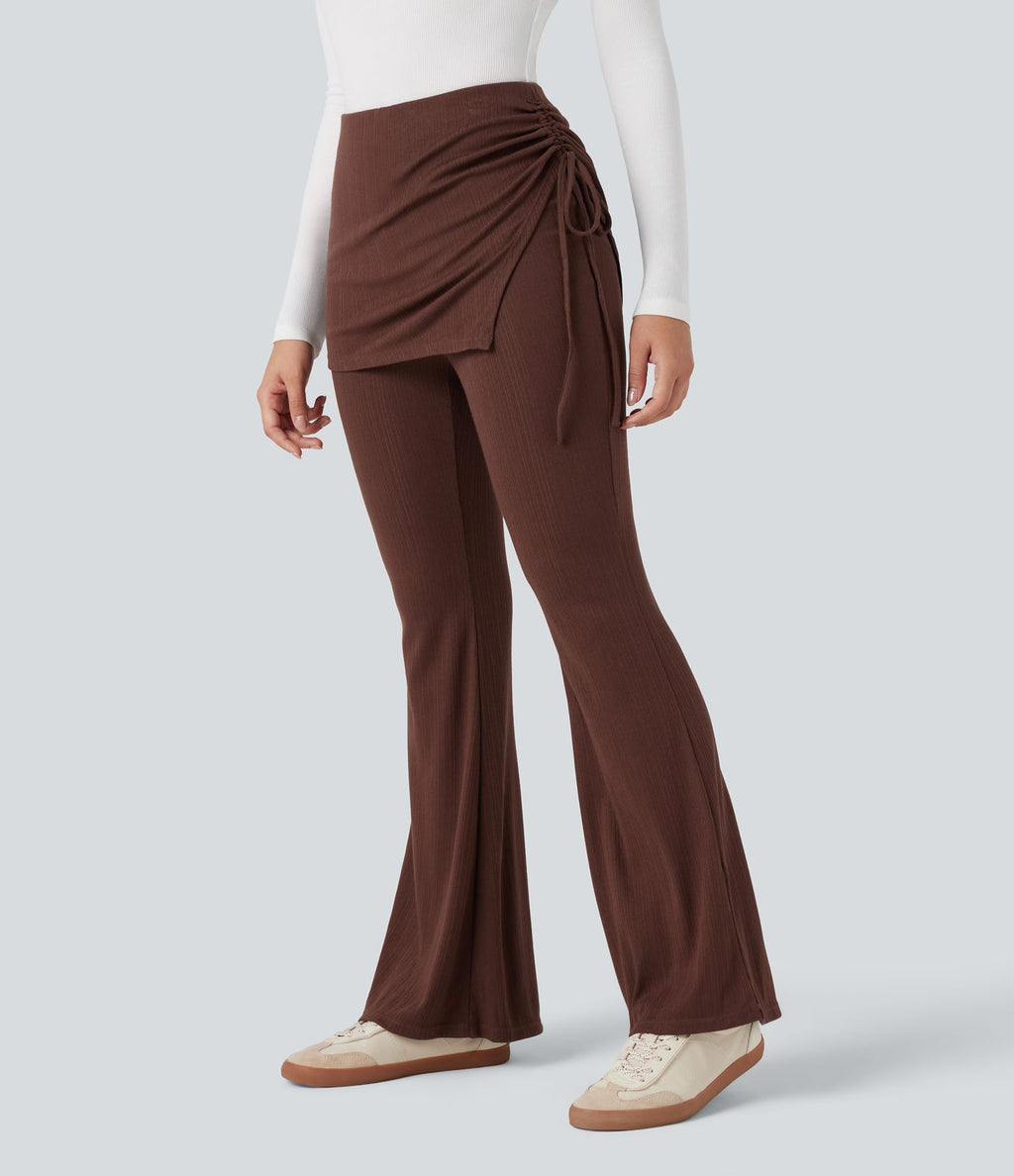 Pantalon évasé côtelé 2-en-1 froncé taille mi-haute avec cordon de serrage
