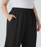 Pantalon décontracté grande taille large fluide taille haute effet lin avec cordon de serrage et poches