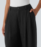 Pantalon bureau taille haute rayé, coupe ample avec poches