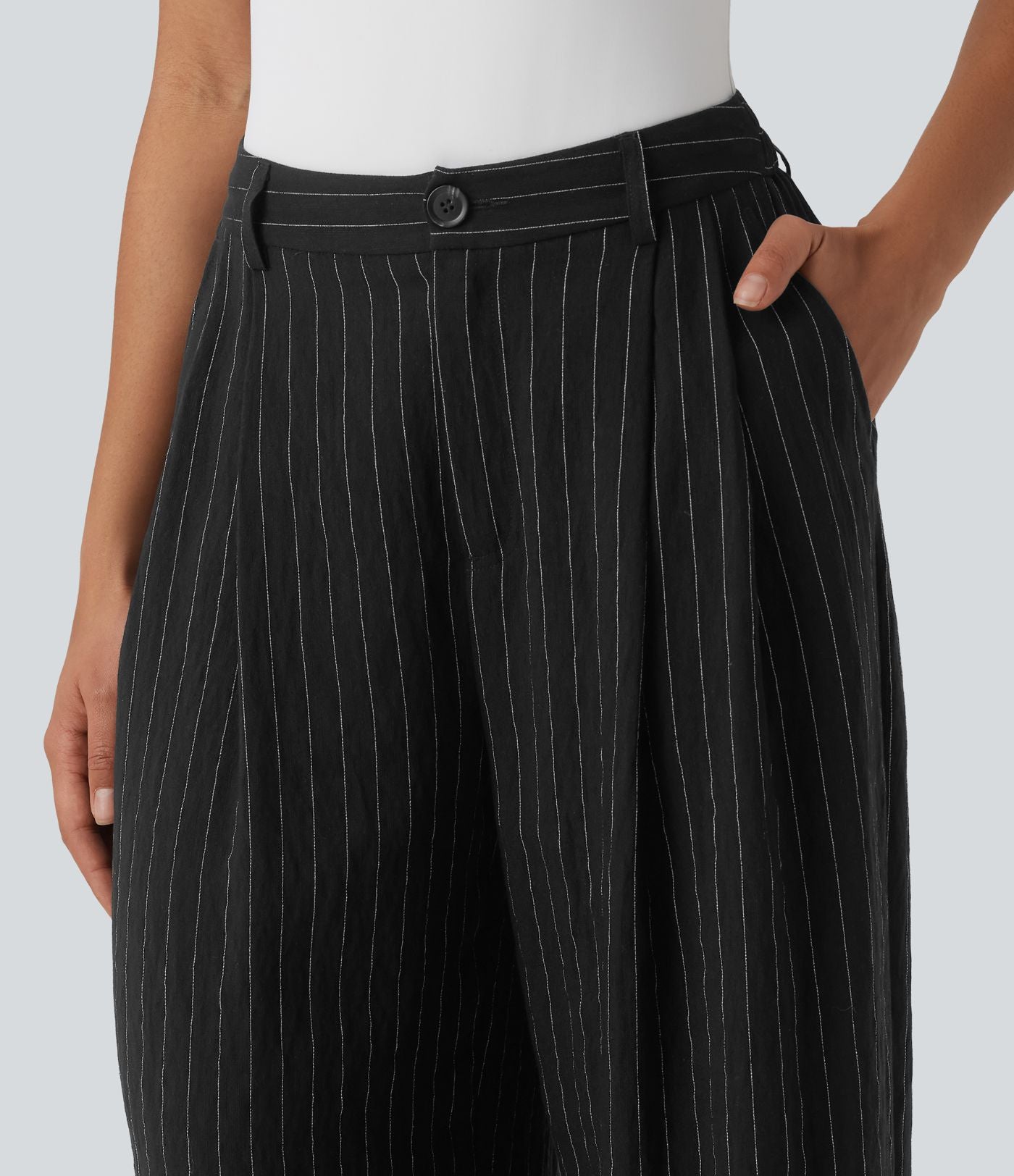 Pantalon bureau taille haute rayé, coupe ample avec poches