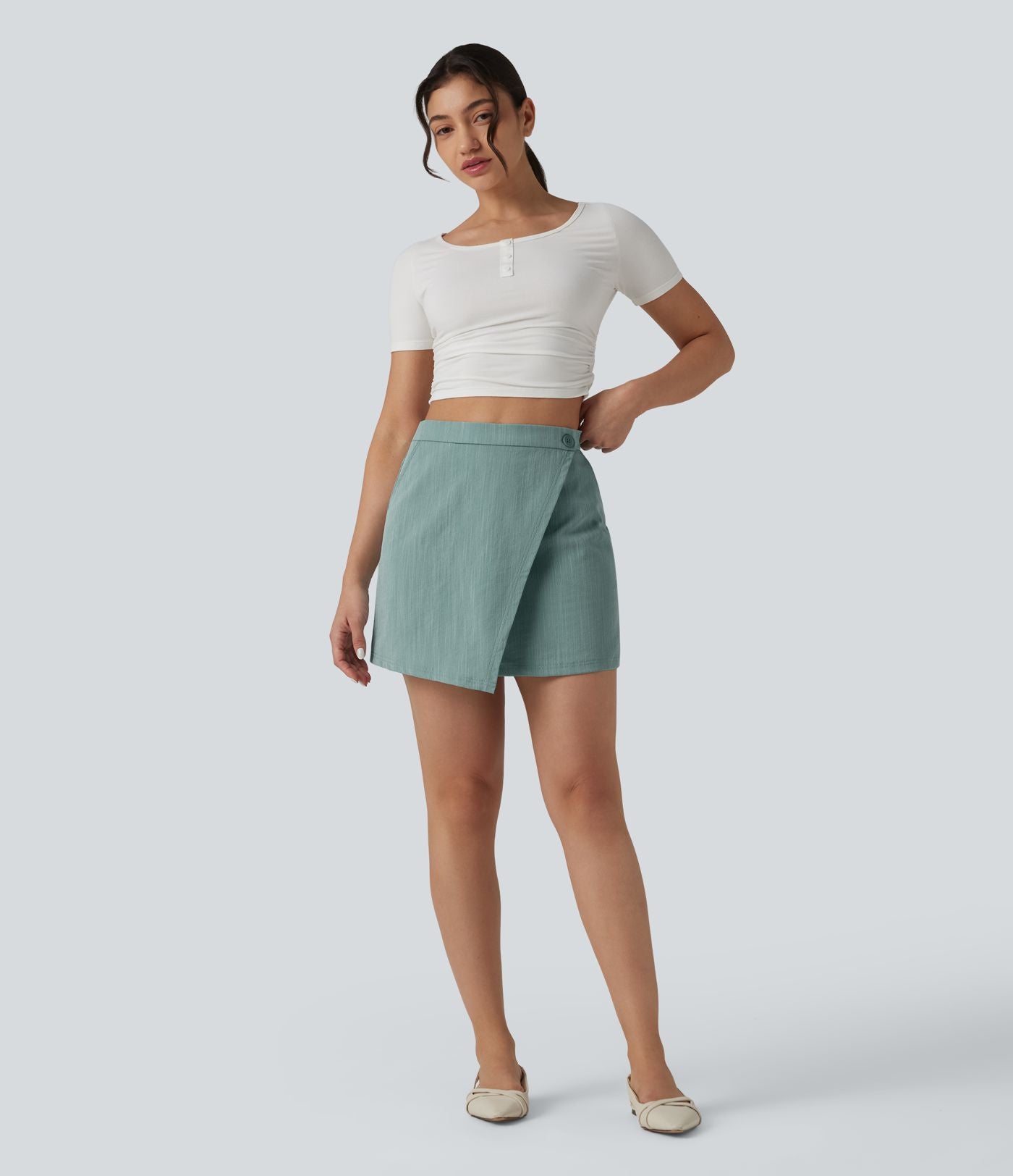 Jupe mini effet lin taille haute 2-en-1 avec poches
