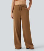 Pantalon jogging décontracté ample micro-gaufré taille mi-haute avec cordon de serrage et poches