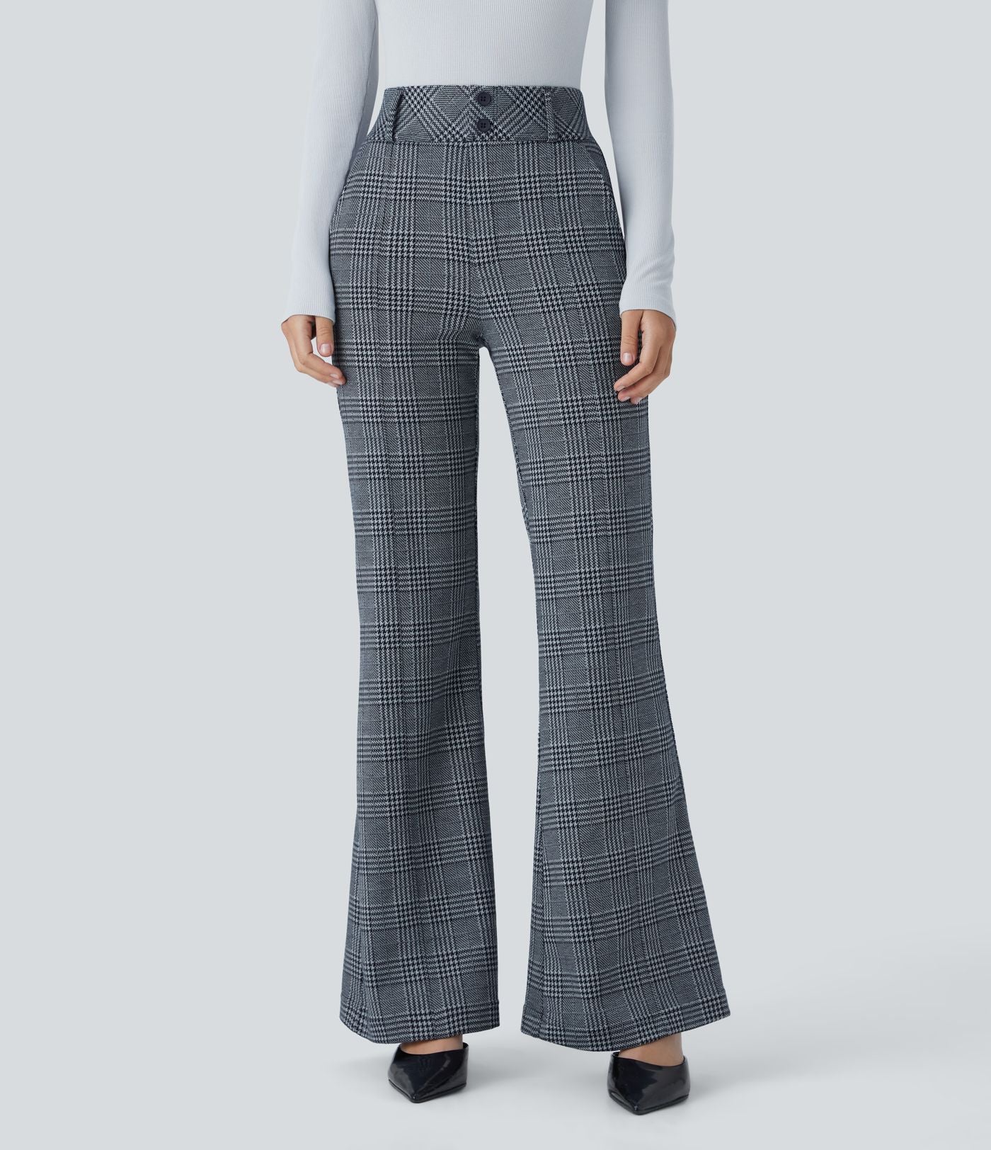 Halara Flex™ Pantalon tailleur évasé à carreaux pied-de-poule, taille haute avec boutons décoratifs et poches latérales