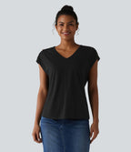 T-shirt décontracté col V manches courtes boutons décoratifs