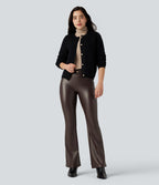 Pantalon évasé asymétrique polaire PU gainant extensible taille haute avec poches