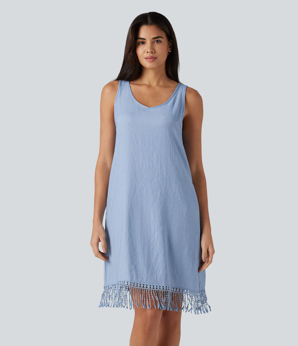 Robe mini sans manches col V avec ourlet à franges