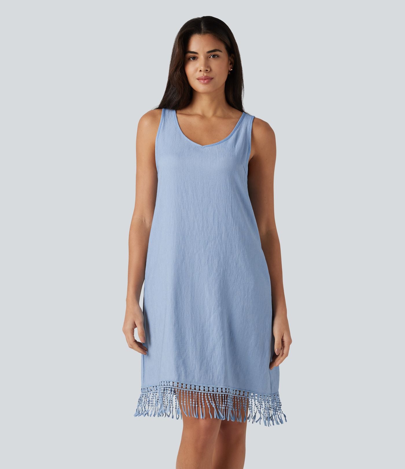 Robe mini sans manches col V avec ourlet à franges