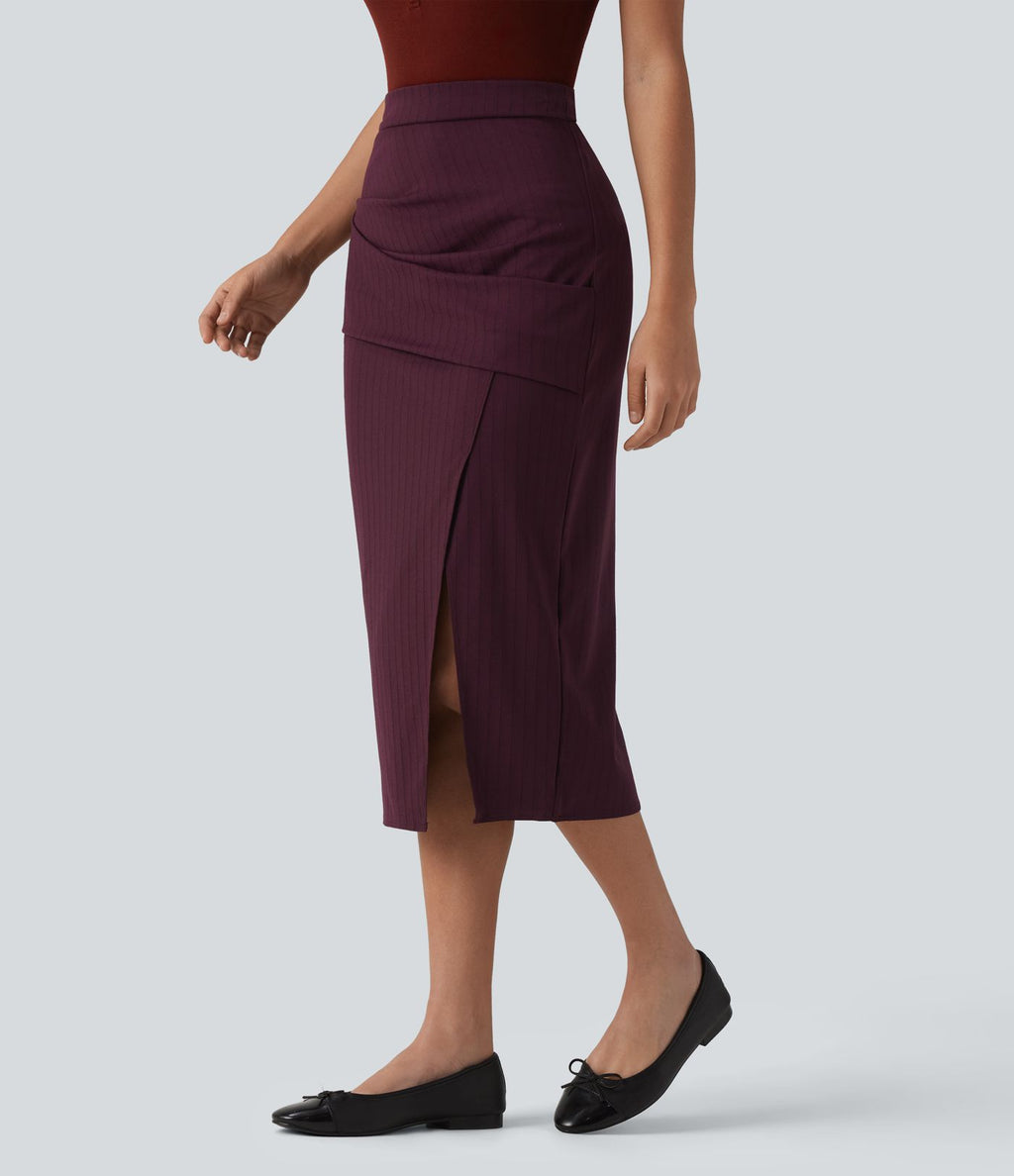 Jupe midi moulante tailleur taille haute croisée à rayures et ourlet fendu