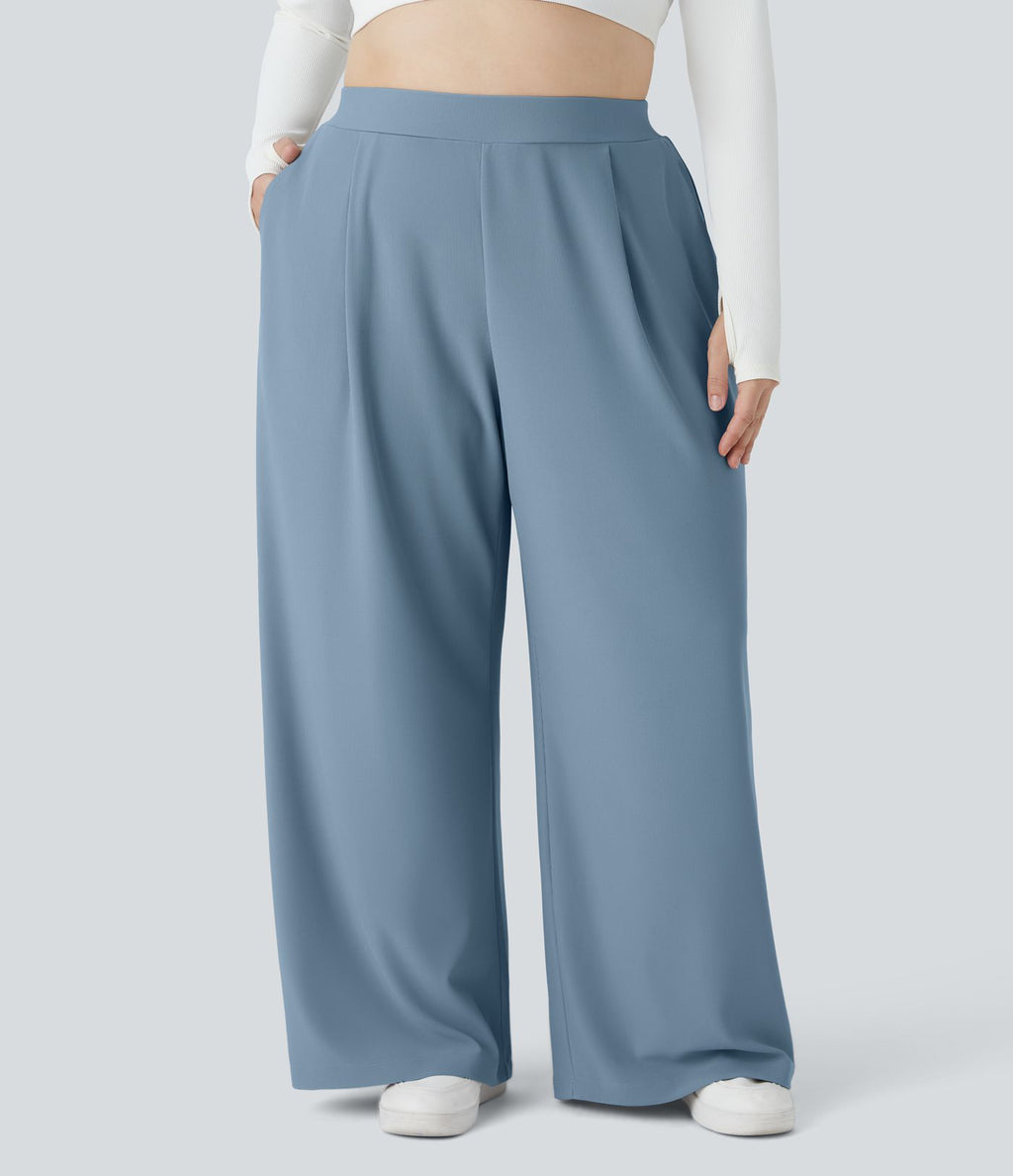 Pantalon de travail grande taille Halara Flex™ à taille haute sculptante et amincissante, poches latérales, jambes larges et tissu micro-gaufré