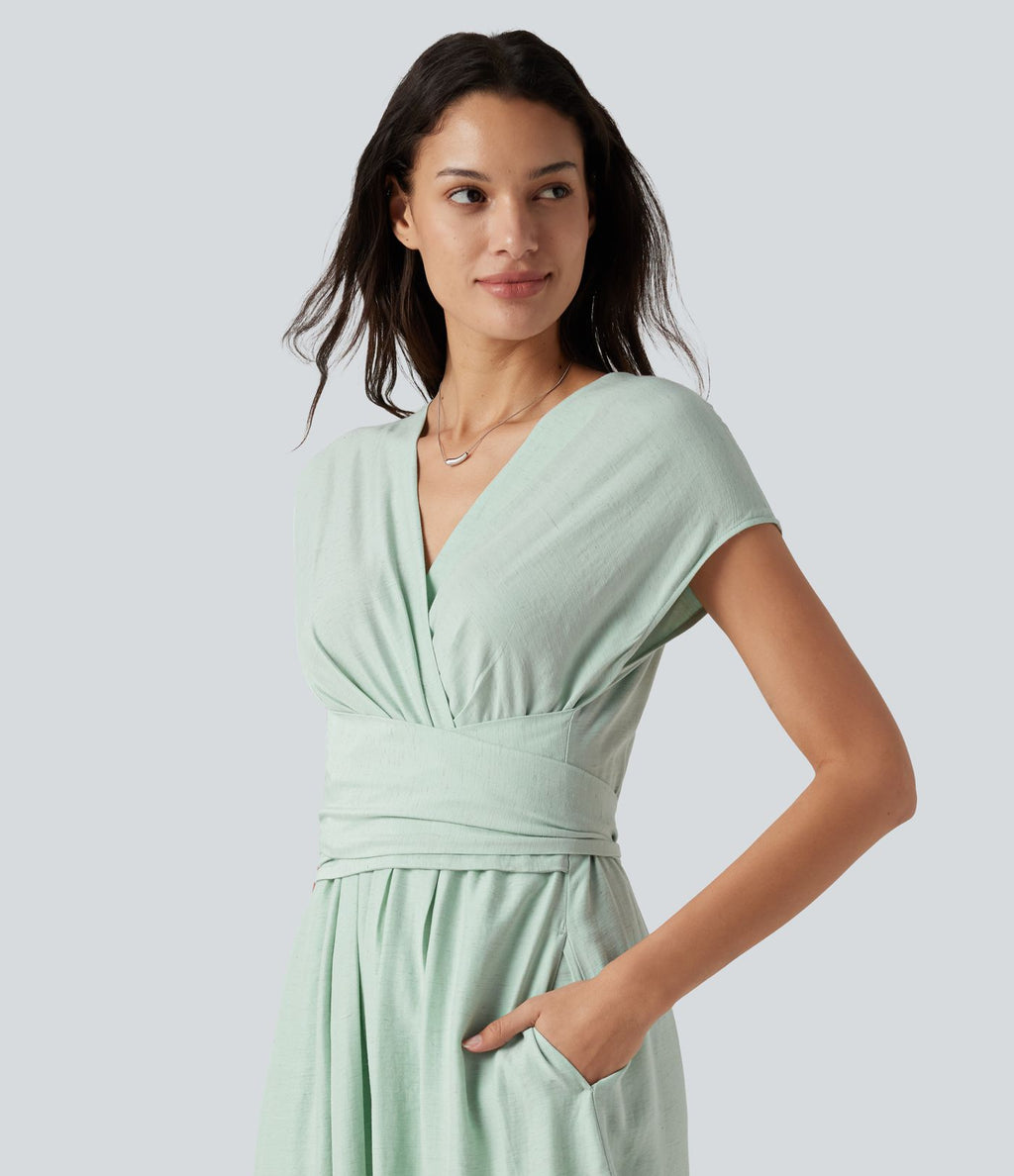 Robe midi casual fluide en mélange de lin col V à manches courtes avec dos noué et poches