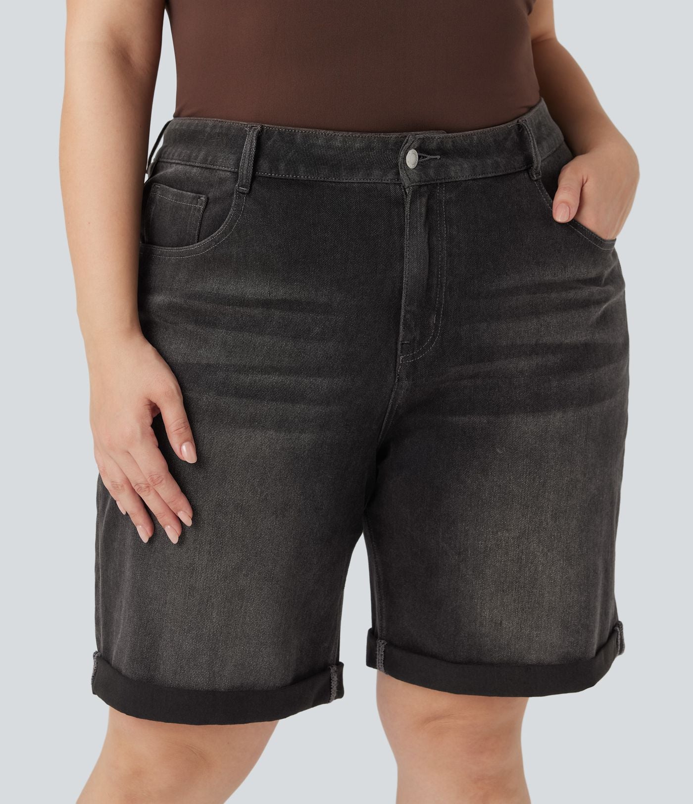 Short bermuda casual denim grande taille Halara Flex™ tricot extensible délavé taille haute multiples poches ourlet roulotté