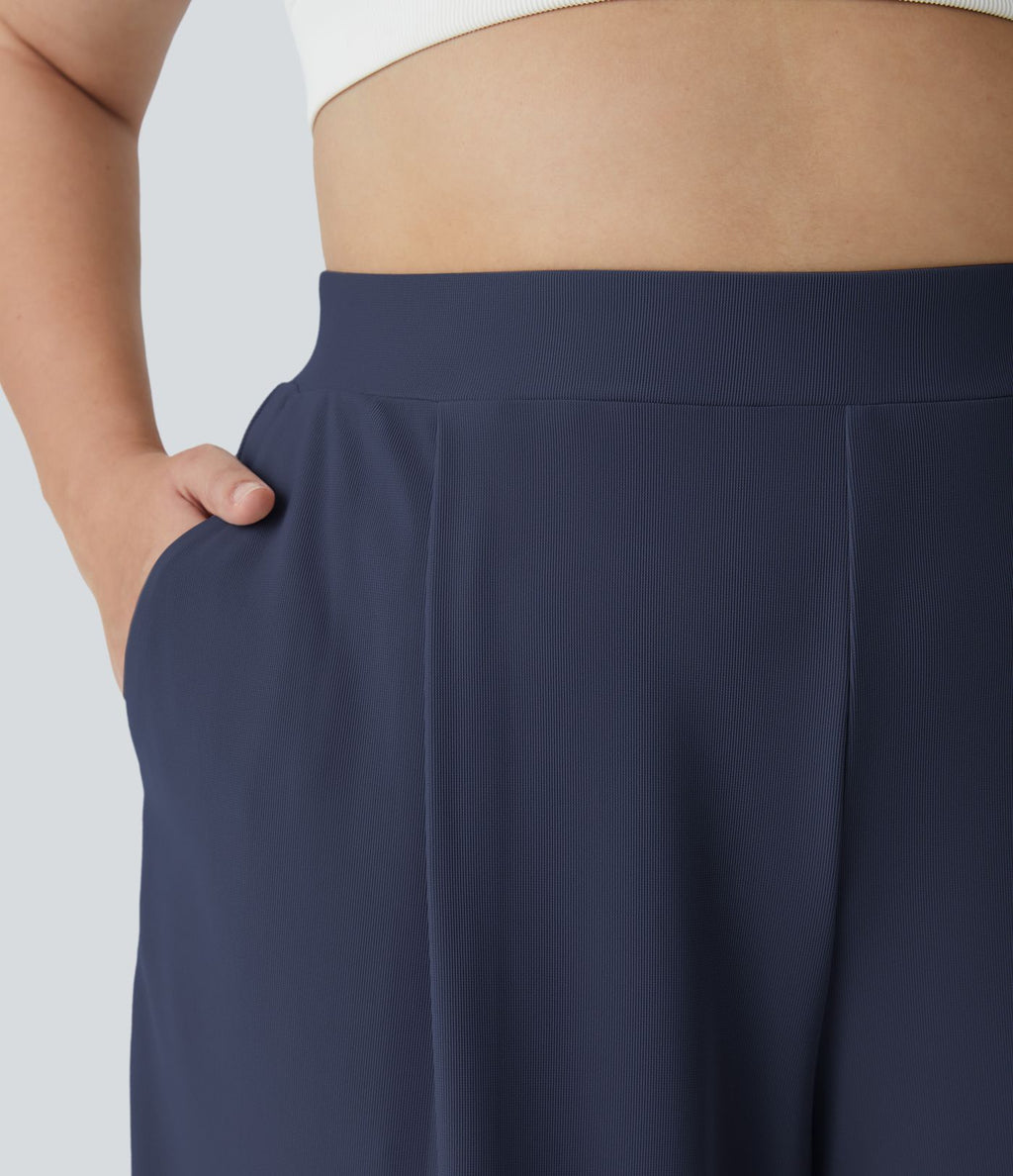 Pantalon de travail grande taille Halara Flex™ à taille haute sculptante et amincissante, poches latérales, jambes larges et tissu micro-gaufré