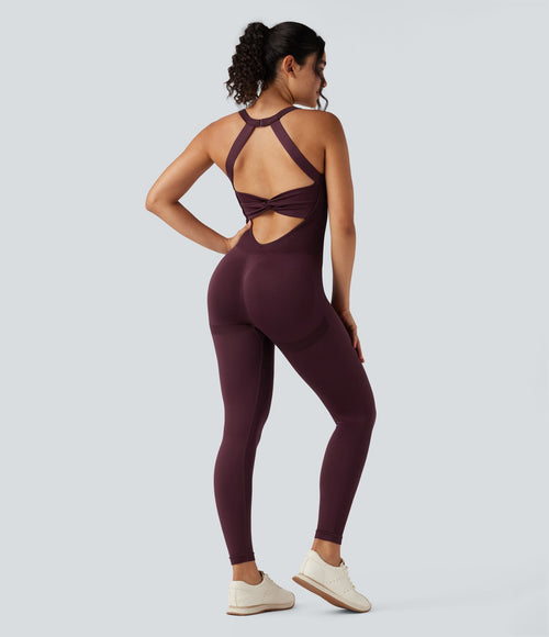 Combinaison d'entraînement ajustée dos nu torsadé sans manches sans couture Seamless Flow