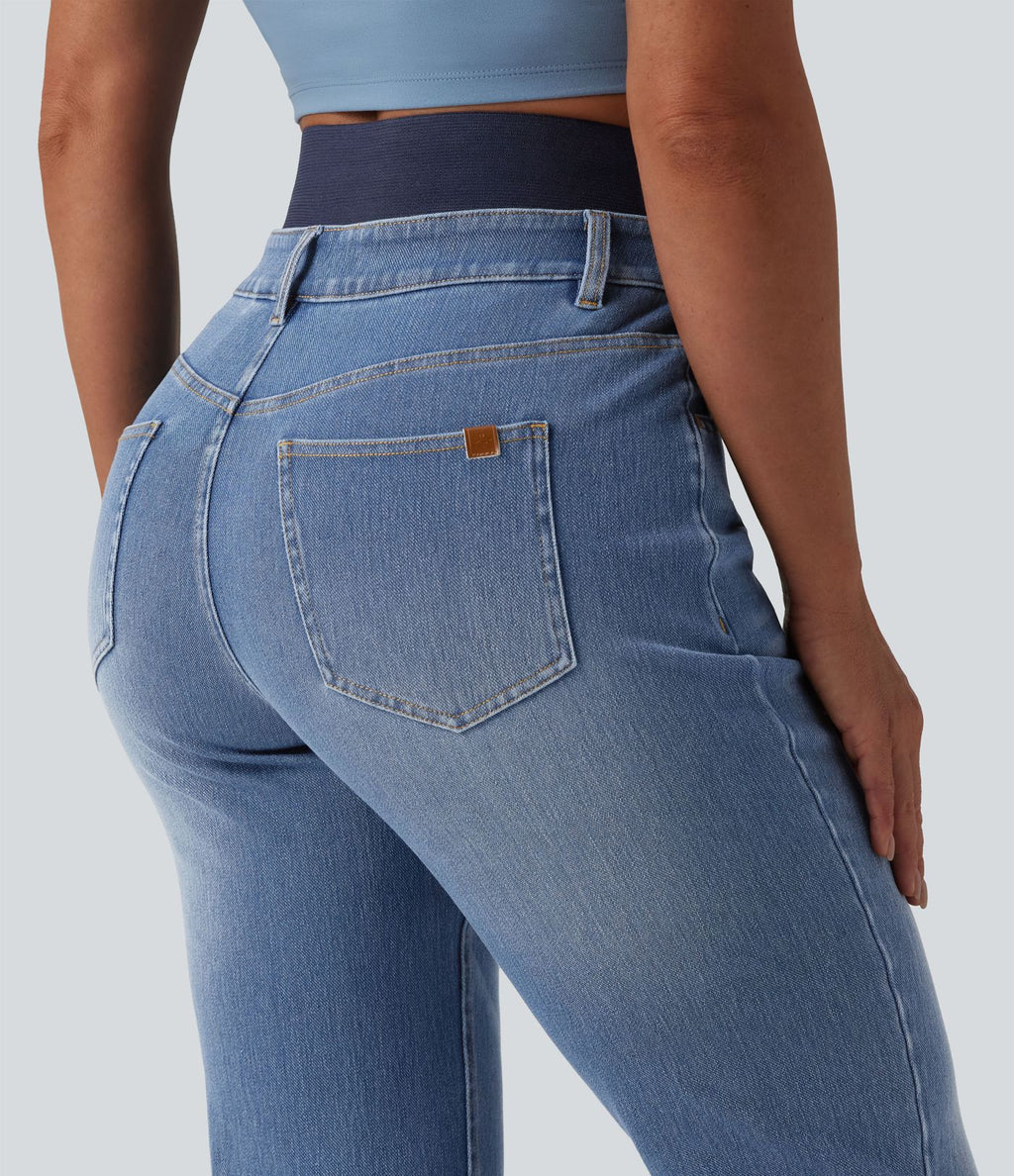 Jean ajusté décontracté Halara Flex™ double ceinture gainant taille haute avec poches