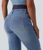 Jean ajusté décontracté Halara Flex™ double ceinture gainant taille haute avec poches