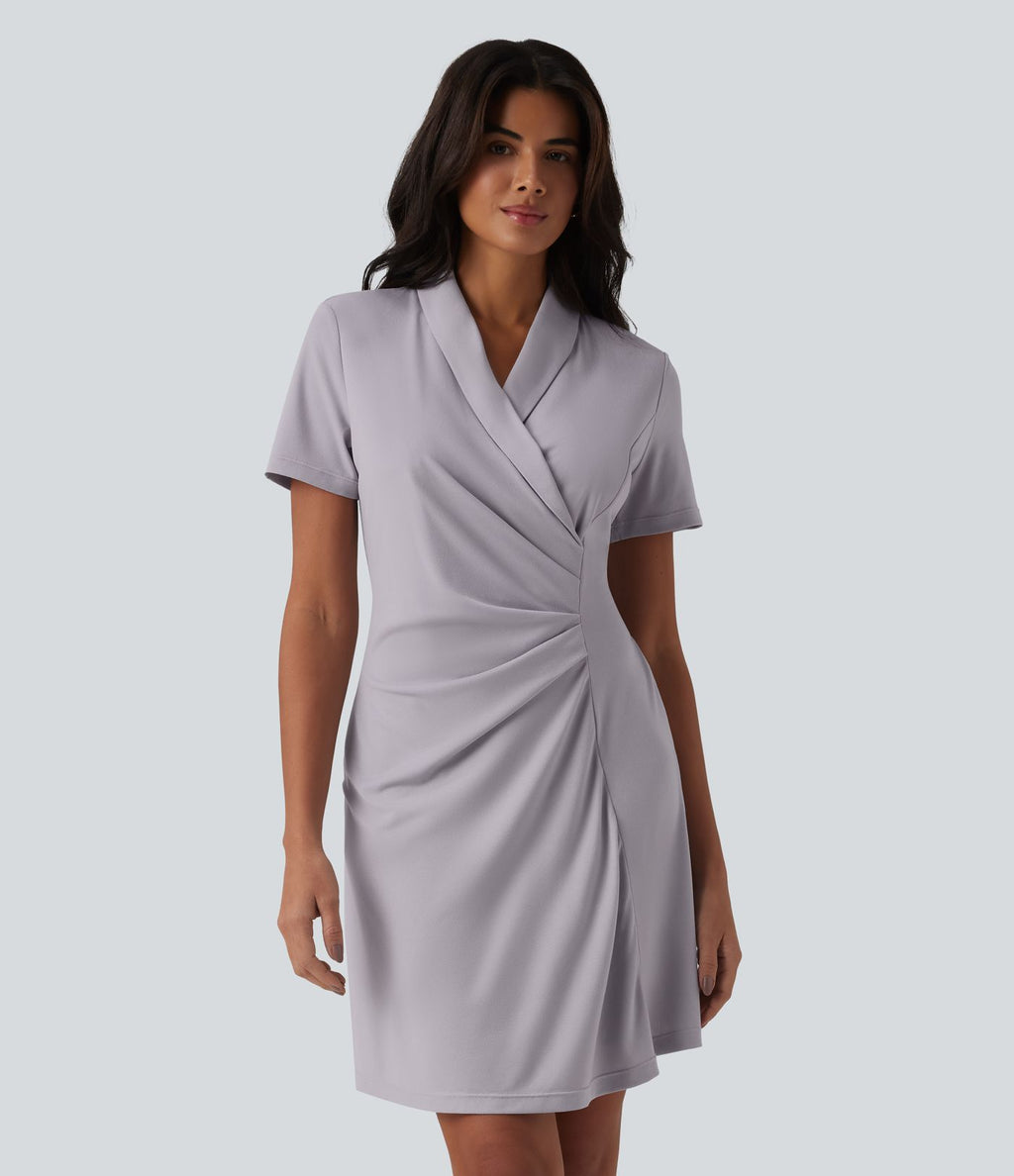 Robe tailleur courte col châle manches courtes