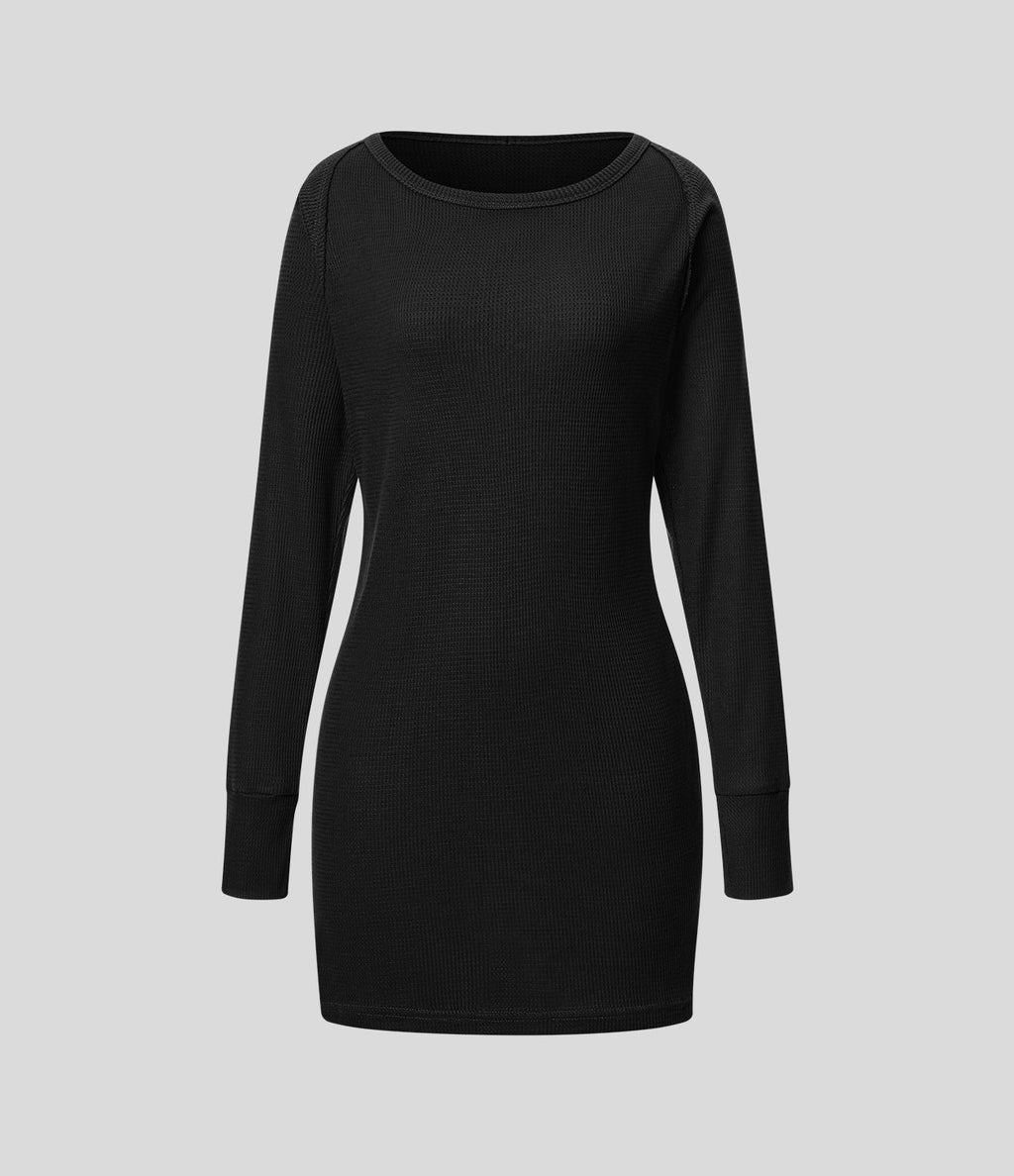 Robe Sweatshirt Casual Col Bateau Manches Raglan Avec Trous Pour Les Pouce Ourlet Fendu en Waffle