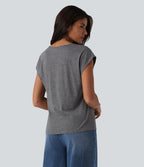 T-shirt casual chiné col V à manches courtes chauve-souris