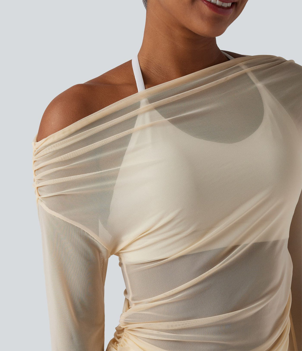 Haut de yoga asymétrique manches longues mesh avec ouverture pouce