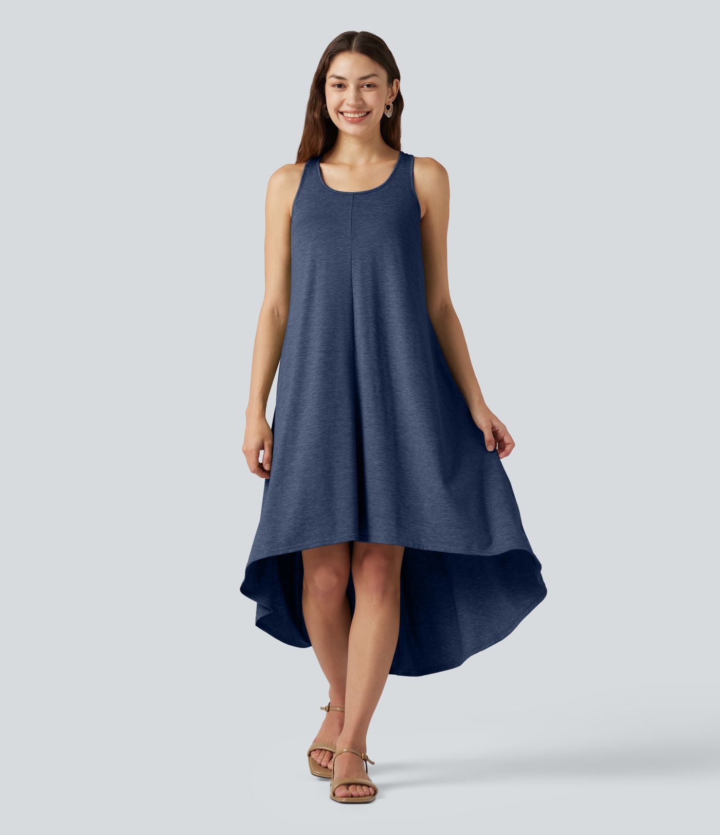 Robe midi fluide à dos nageur, soutien-gorge intégré, ourlet asymétrique et poches