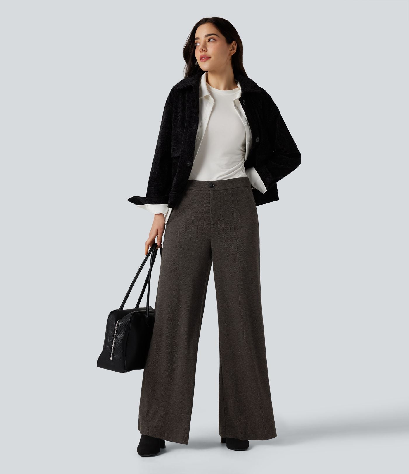 Pantalon tailleur large chevrons taille haute avec poches