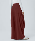 Pantalon décontracté drapé à poches multiples et taille moyenne, jambe large