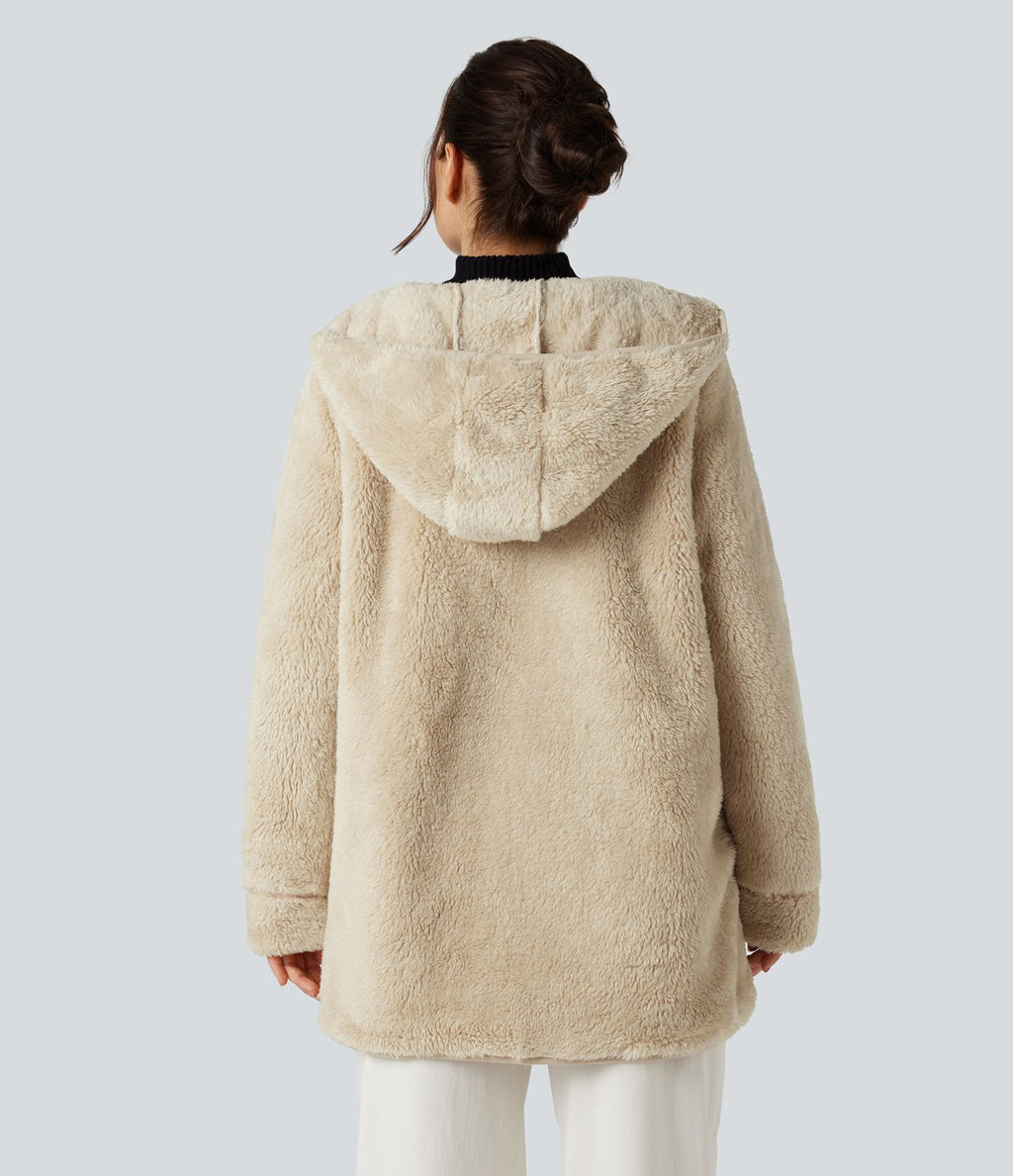 Manteau teddy à capuche manches longues avec poches