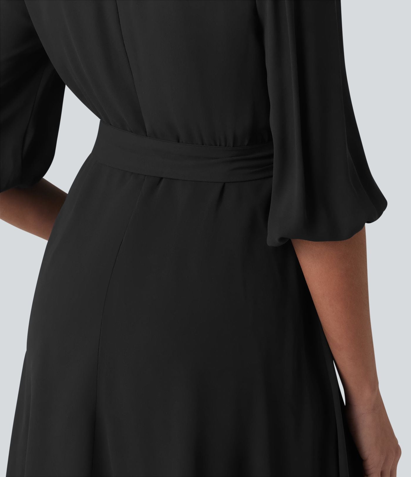 Robe courte casual col V à manches trois-quarts bouffantes, ceinturée