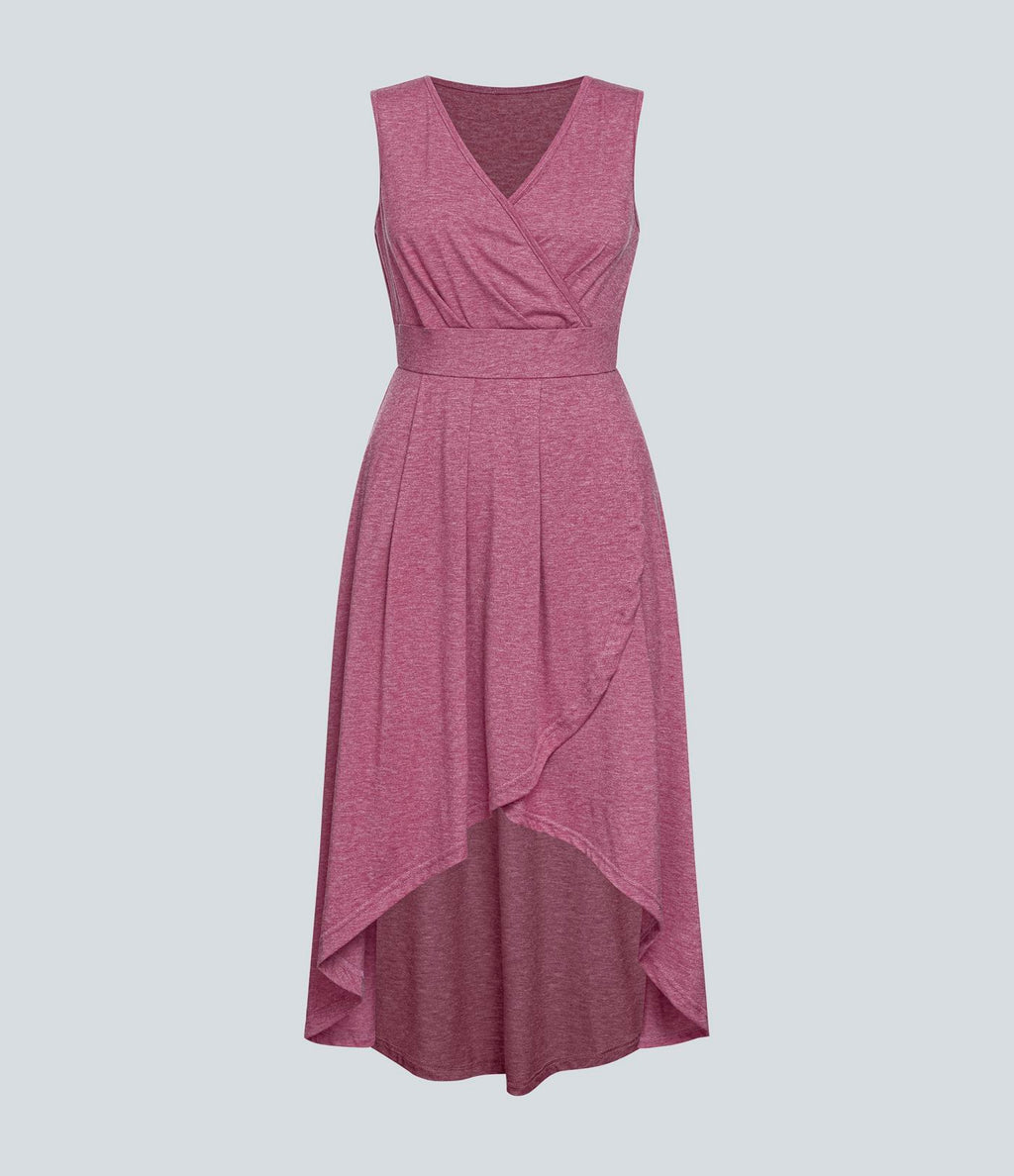 Robe Mi-Longue Plissée Décolleté Plongeant Sans Manches Haut Bas Ourlet Croisé