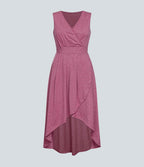 Robe Mi-Longue Plissée Décolleté Plongeant Sans Manches Haut Bas Ourlet Croisé