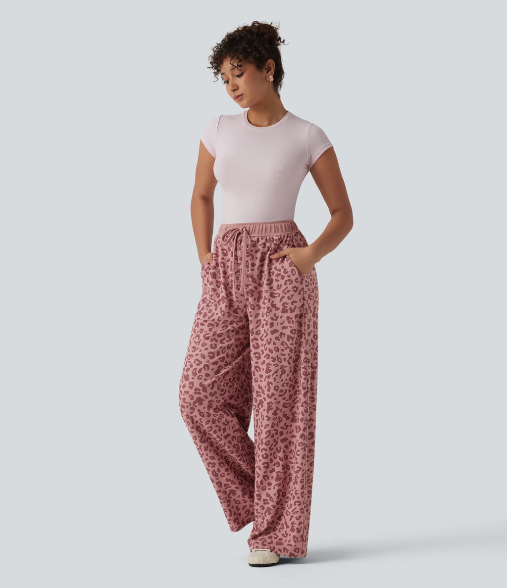 Pantalon casual large gaufré imprimé léopard taille haute avec cordon de serrage et poches