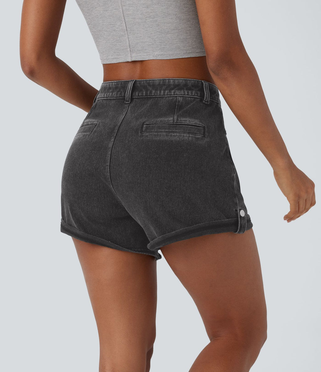 Short décontracté en jean extensible délavé Halara Flex™ taille moyenne avec revers et poches avant