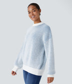 Pull col rond motif rayé bicolore à manches longues