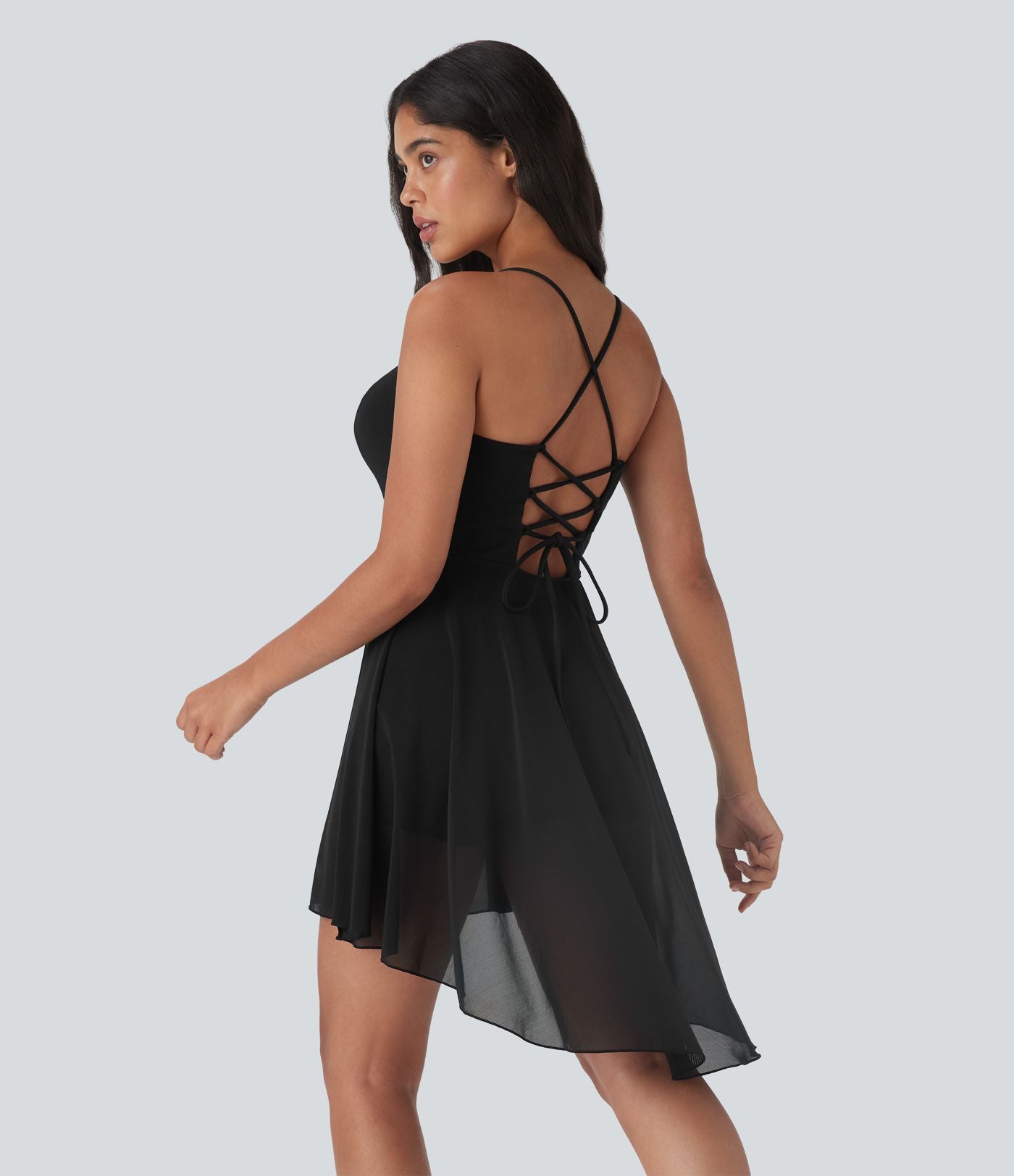 Robe de sport danse mini 2-en-1 laçage asymétrique résille contrastante fluide avec poche E-G