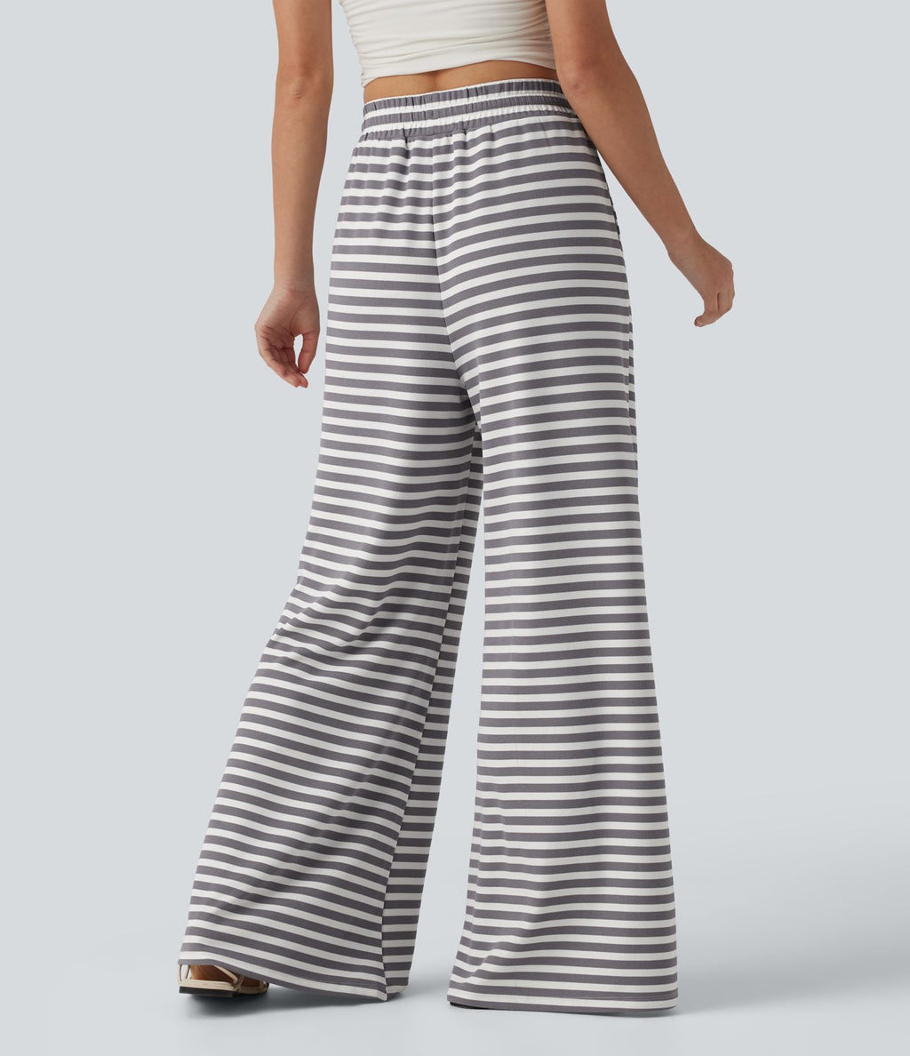 Pantalon large casual à rayures en maille gaufrée taille haute avec cordon de serrage et poches