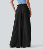 Pantalon baggy fluide casual en mélange de lin taille mi-haute à volants avec cordon et poches
