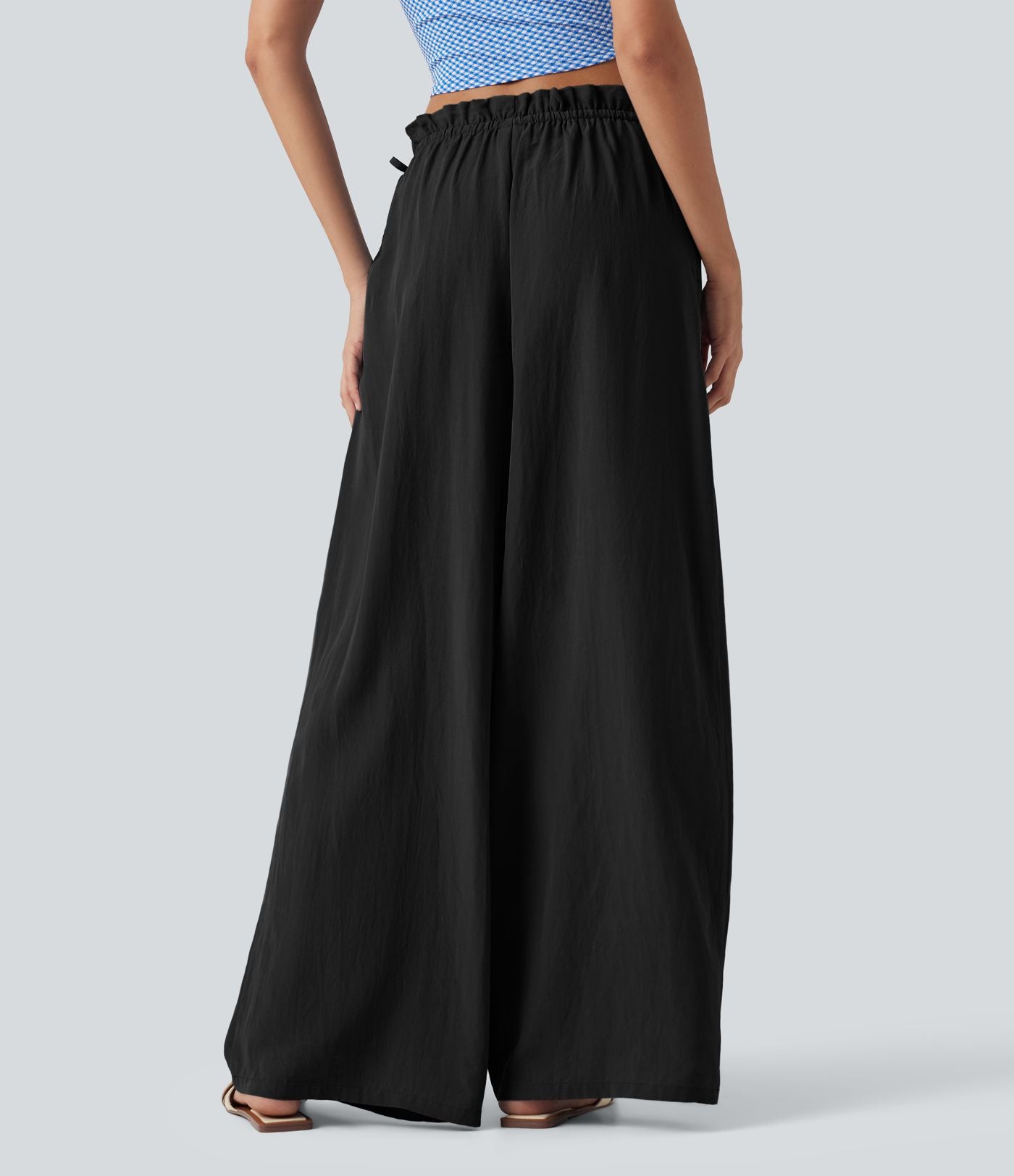 Pantalon baggy fluide casual en mélange de lin taille mi-haute à volants avec cordon et poches