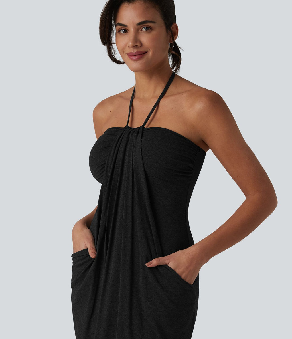 Robe resort mini dos nu à col licou avec lien noué dans le dos et poches
