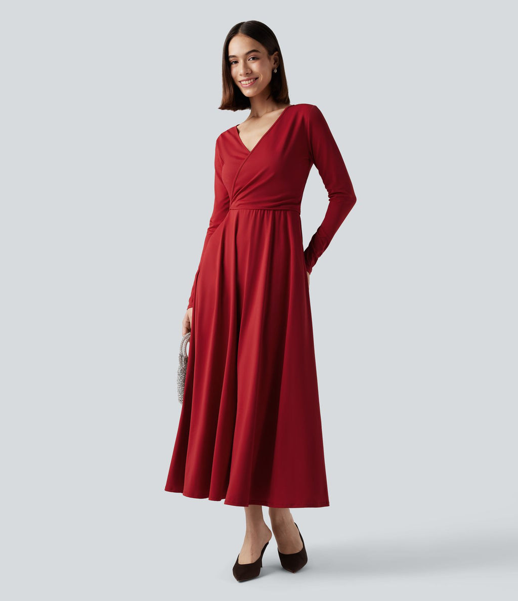 Robe mi-longue deux pièces à manches longues effet cache-cœur avec nœud au dos et poches