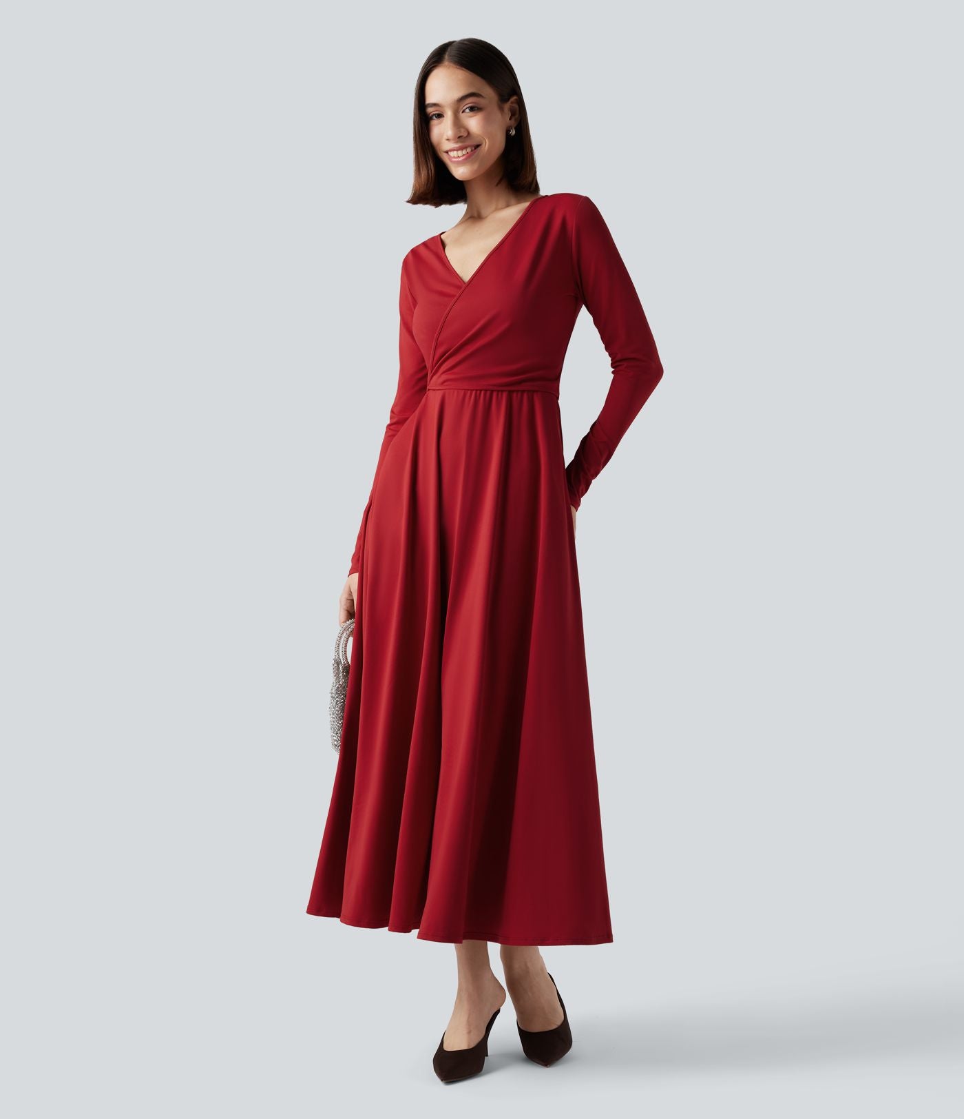 Robe mi-longue deux pièces à manches longues effet cache-cœur avec nœud au dos et poches