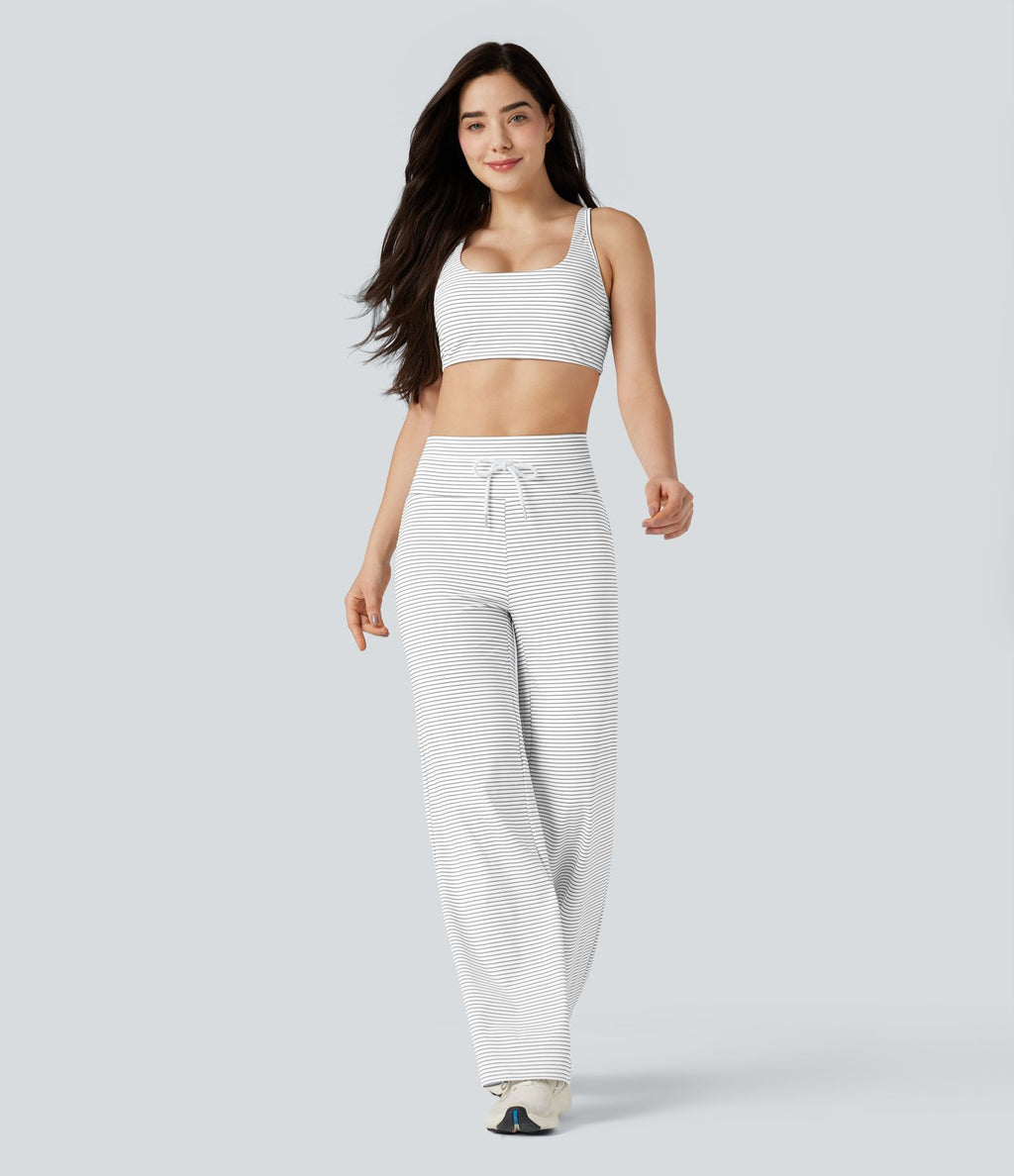 Pantalon de yoga droit taille haute à cordon rayé avec poches