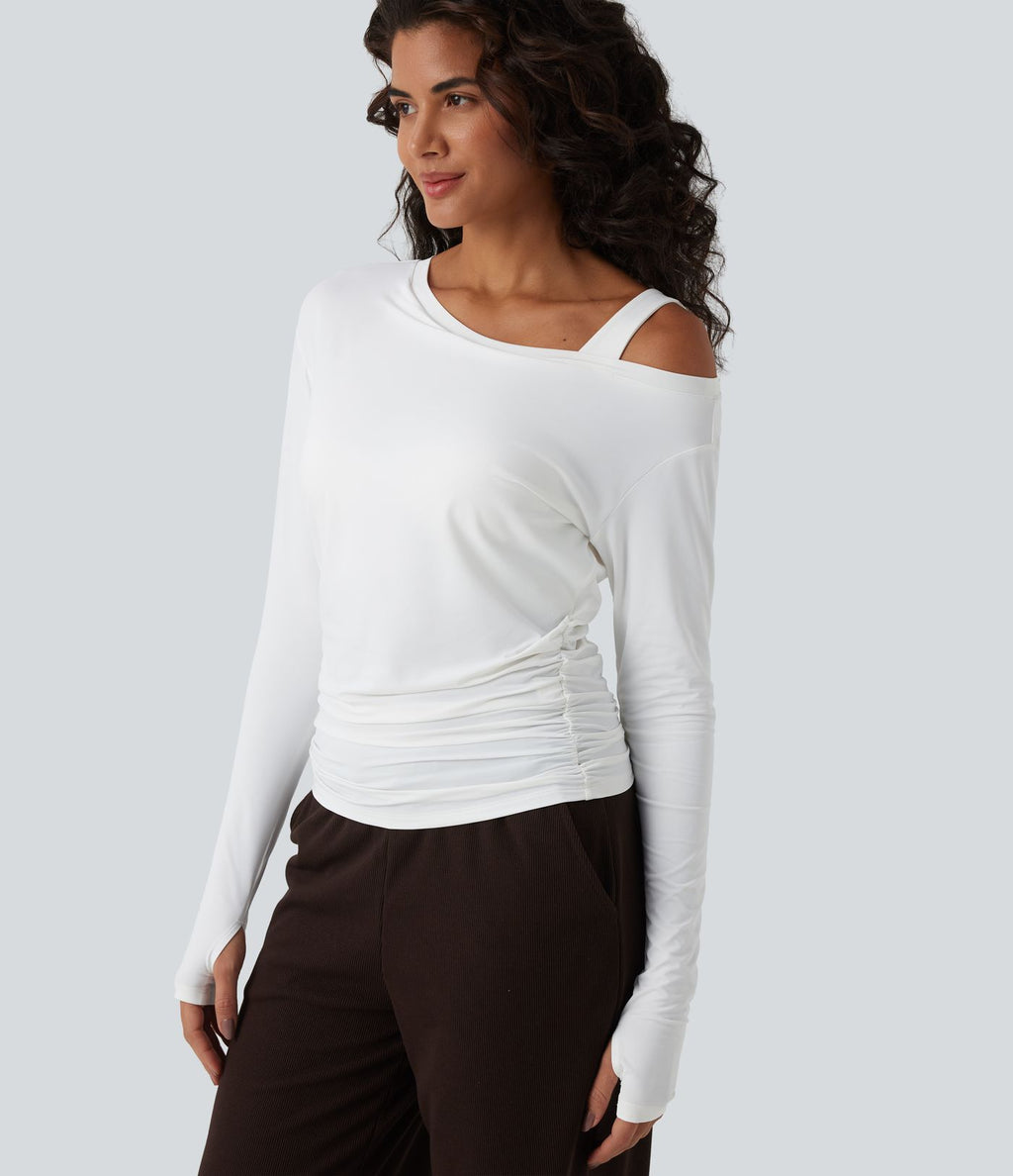 Haut d'entraînement une épaule manches longues avec brassière intégrée, passe-pouces, fronces et effet frais InstantCool, protection solaire UPF50+