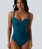 Maillot de bain une pièce gainant push-up col Queen Anne bretelles ajustables torsadé froncé
