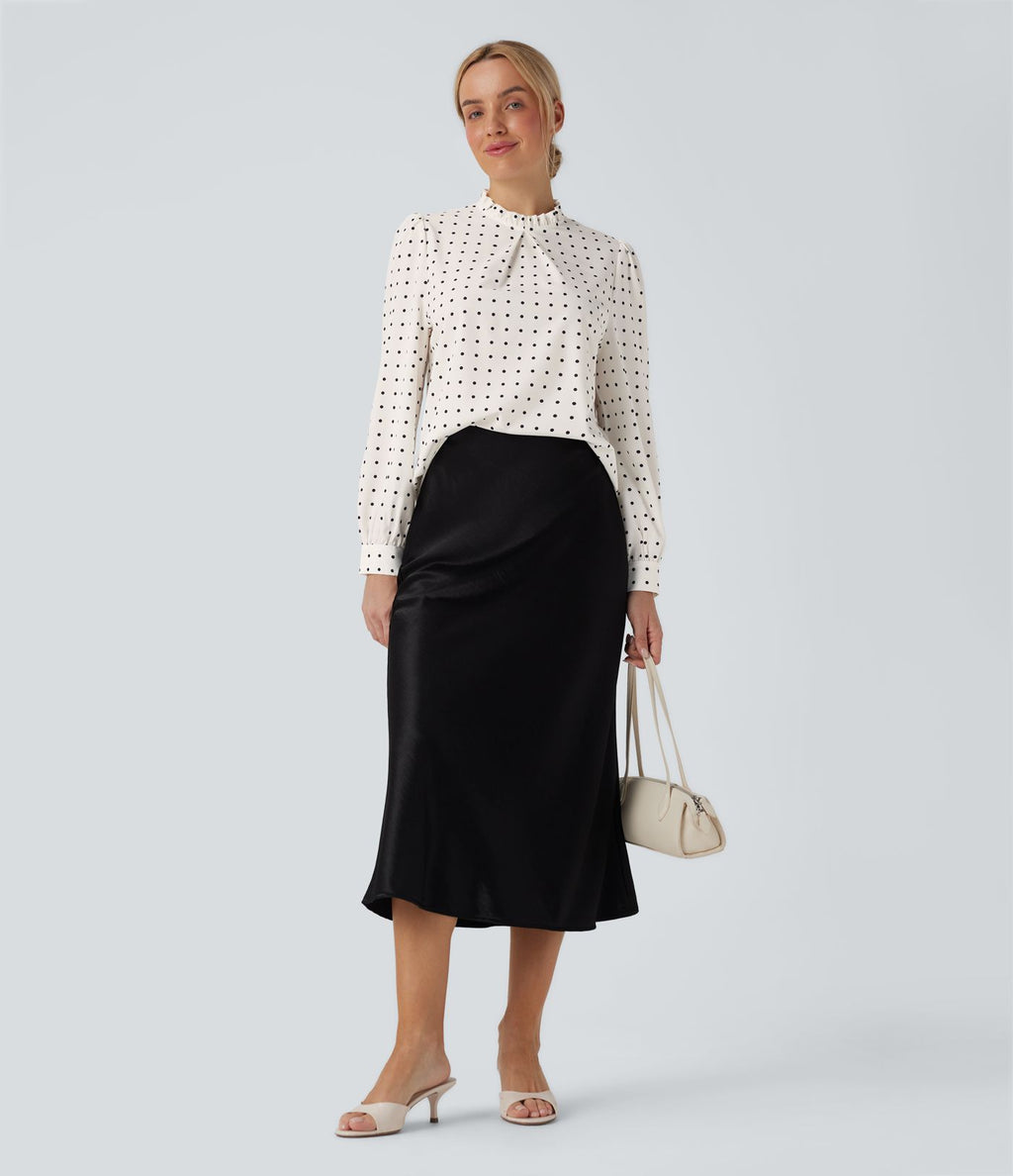 Blouse travail col montant à volants pois manches longues