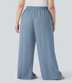 Pantalon décontracté grande taille large fluide taille haute effet lin avec cordon de serrage et poches