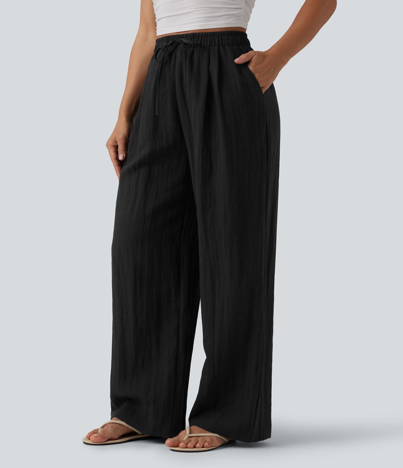 Pantalon casual ample lin taille haute à cordon de serrage avec poches