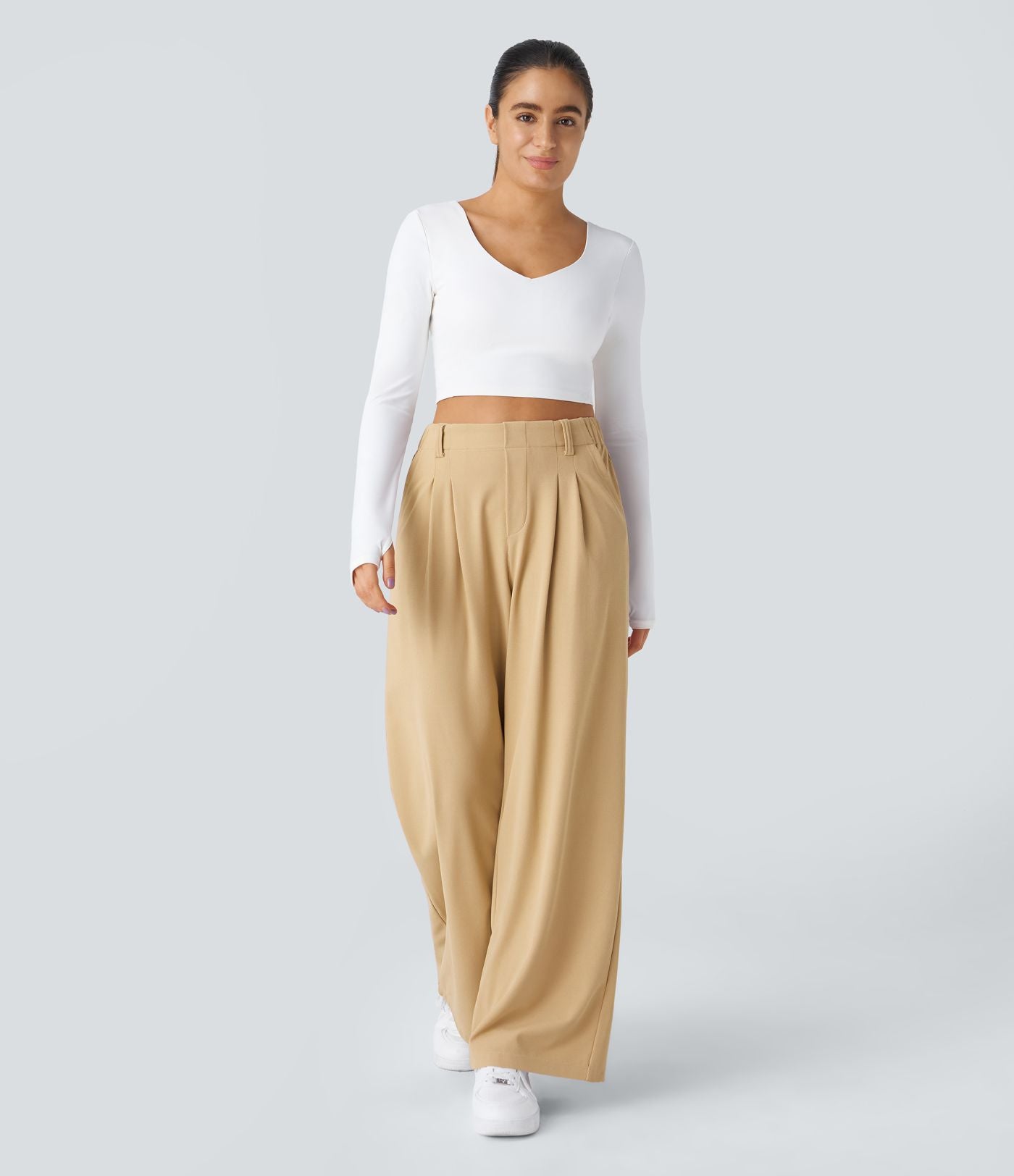 Halara Flex™ Pantalon Tailleur Large Fluide Gaufré Taille Haute Poches Latérales