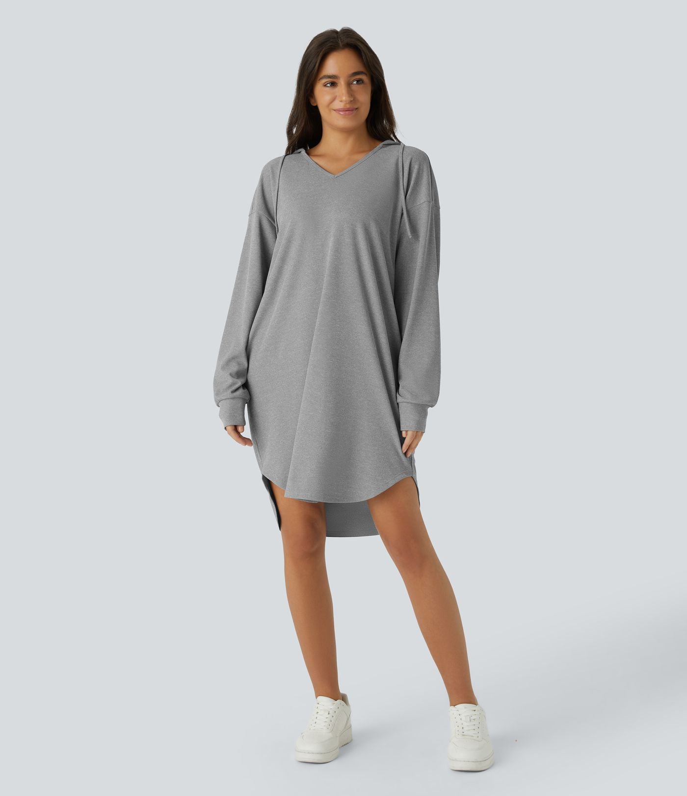 Robe Sweatshirt Casual à Capuche avec Cordon Poches Latérales Ourlet Courbé Asymétrique Oversize Mini en Tissu Gaufré